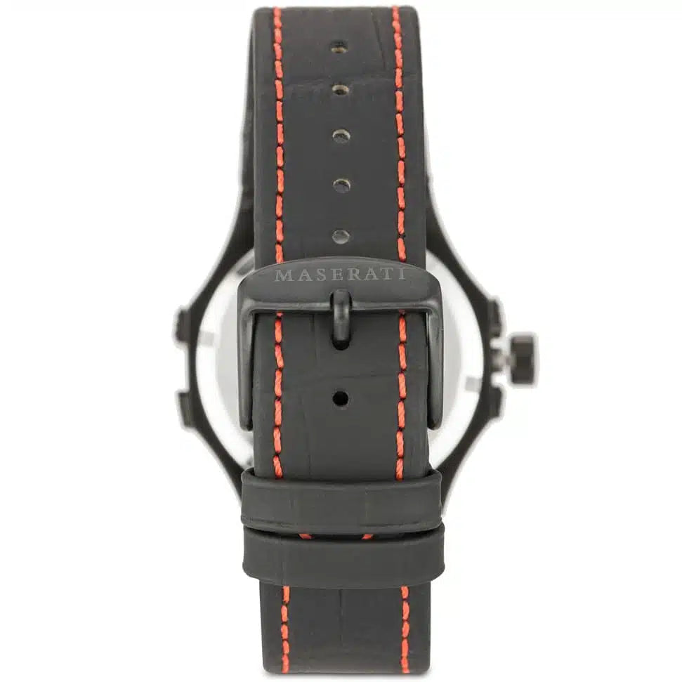 Maserati Potenza watch caseback view showing leather strap attachment and Maserati branding
