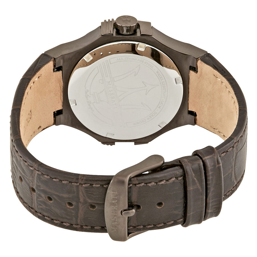 Caseback view of Maserati Potenza watch showing Maserati emblem and brown leather strap