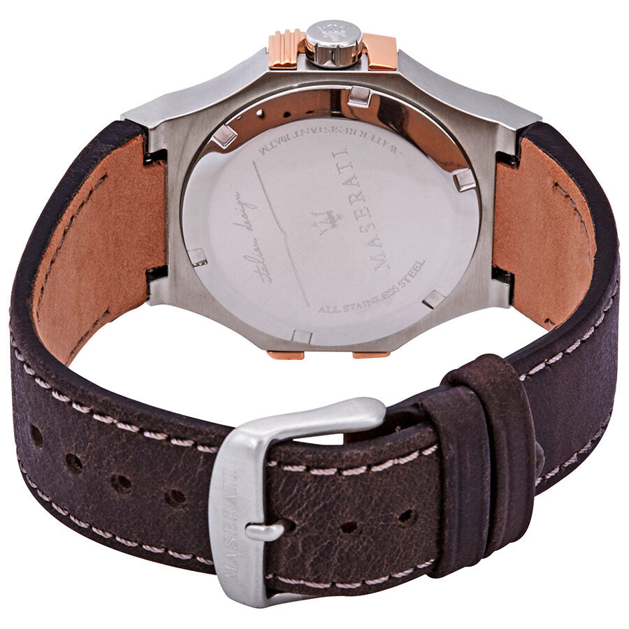 Maserati Potenza watch caseback and brown leather strap with stitching detail