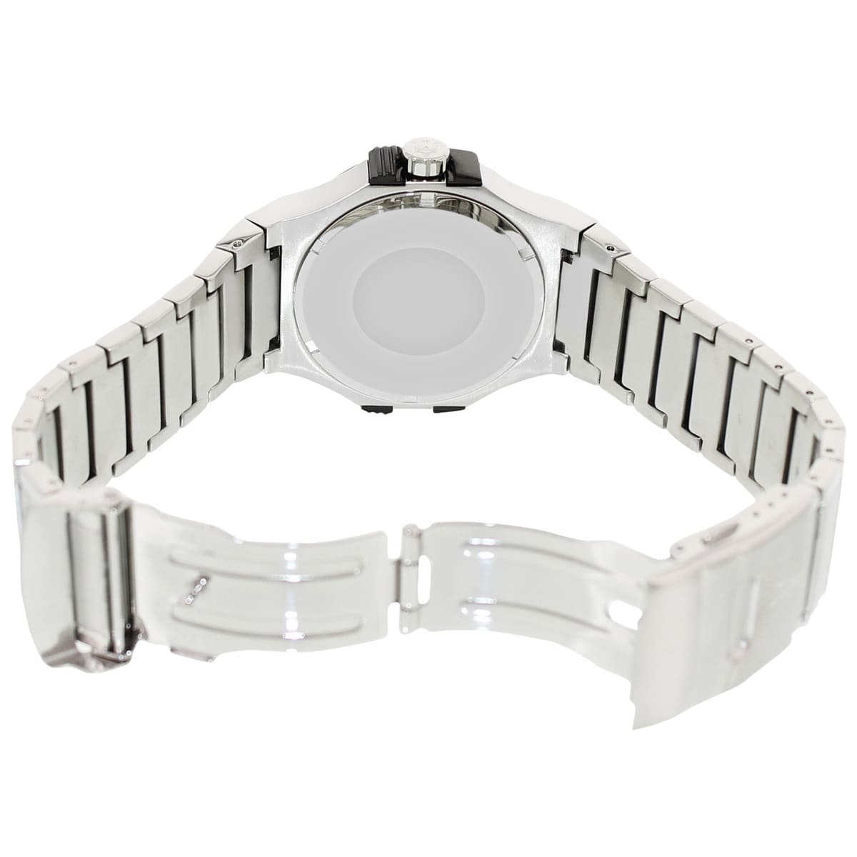 Maserati Potenza caseback with silver stainless steel mesh bracelet displayed from behind