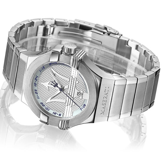 Maserati Potenza watch angled view showing silver dial and stainless steel bracelet