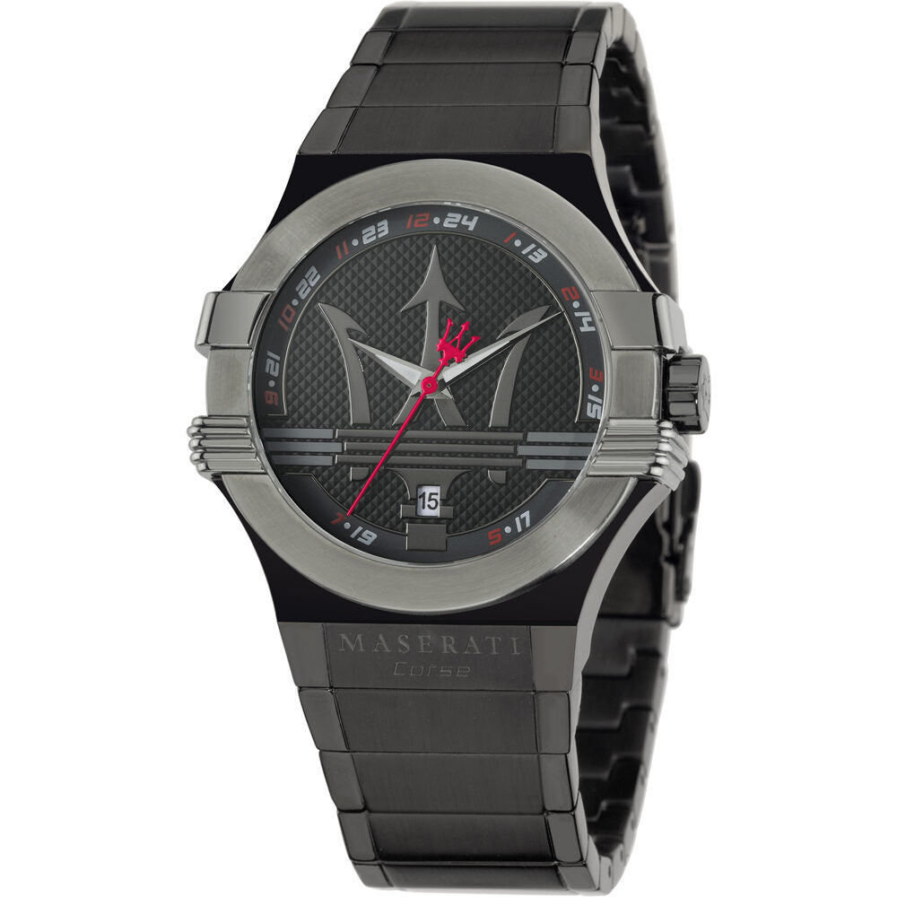 Maserati Potenza black dial men's watch with stainless steel case and black bracelet