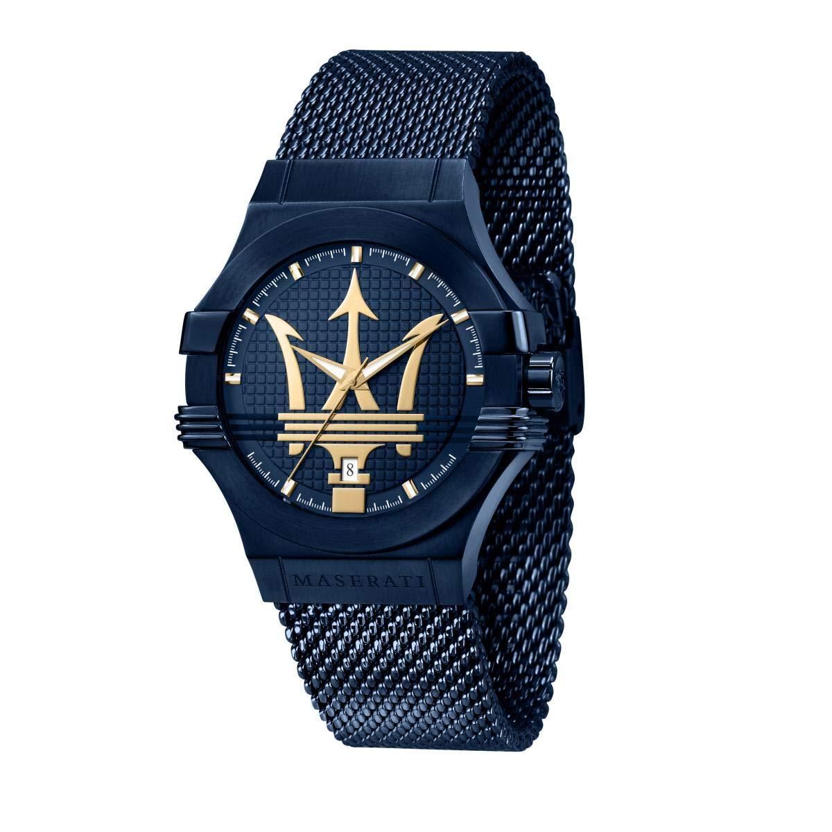 Maserati Potenza men's watch with blue dial, gold trident logo, and blue mesh strap