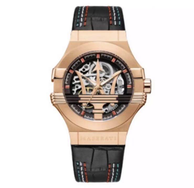 Maserati automatic watch with rose gold case, black skeleton dial, and black leather strap