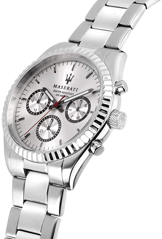 Angled view of Maserati silver watch with three chronograph subdials and silver bracelet