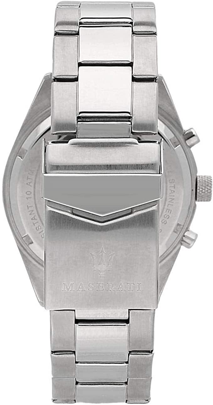 Caseback view of Maserati chronograph watch with stainless steel bracelet