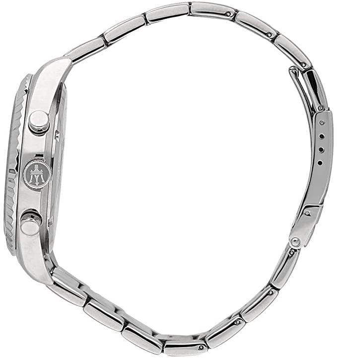 Side view of Maserati watch showing stainless steel bracelet and case profile