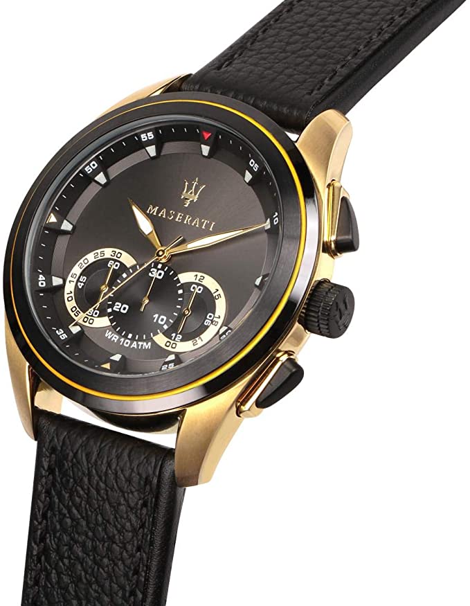 Angled view of Maserati chronograph watch showing dial detail and leather strap