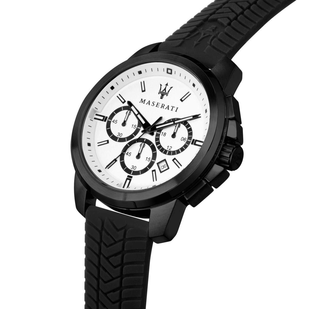Angled view of Maserati chronograph watch with white dial and subdials