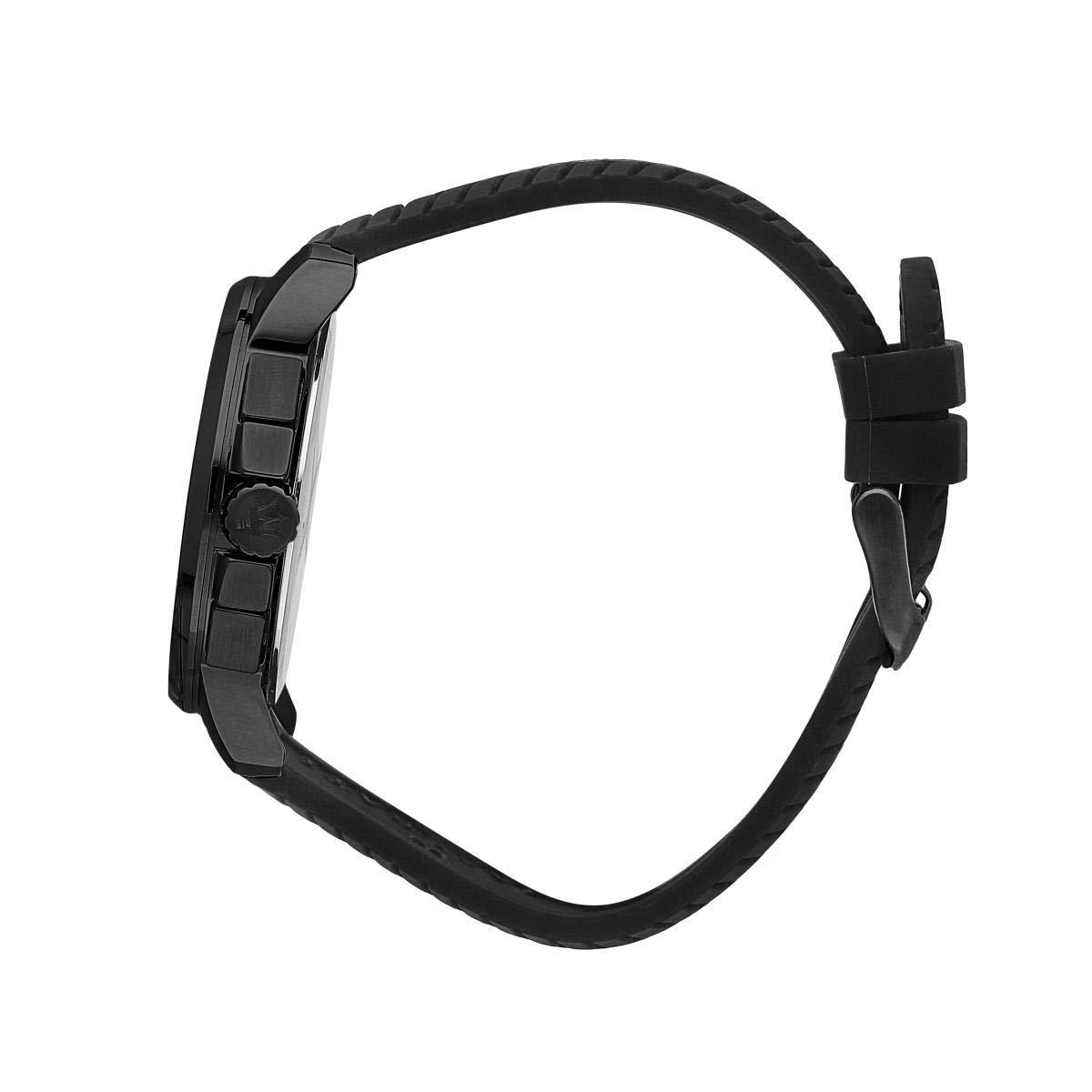 Side view of Maserati watch showing black silicone strap and case profile