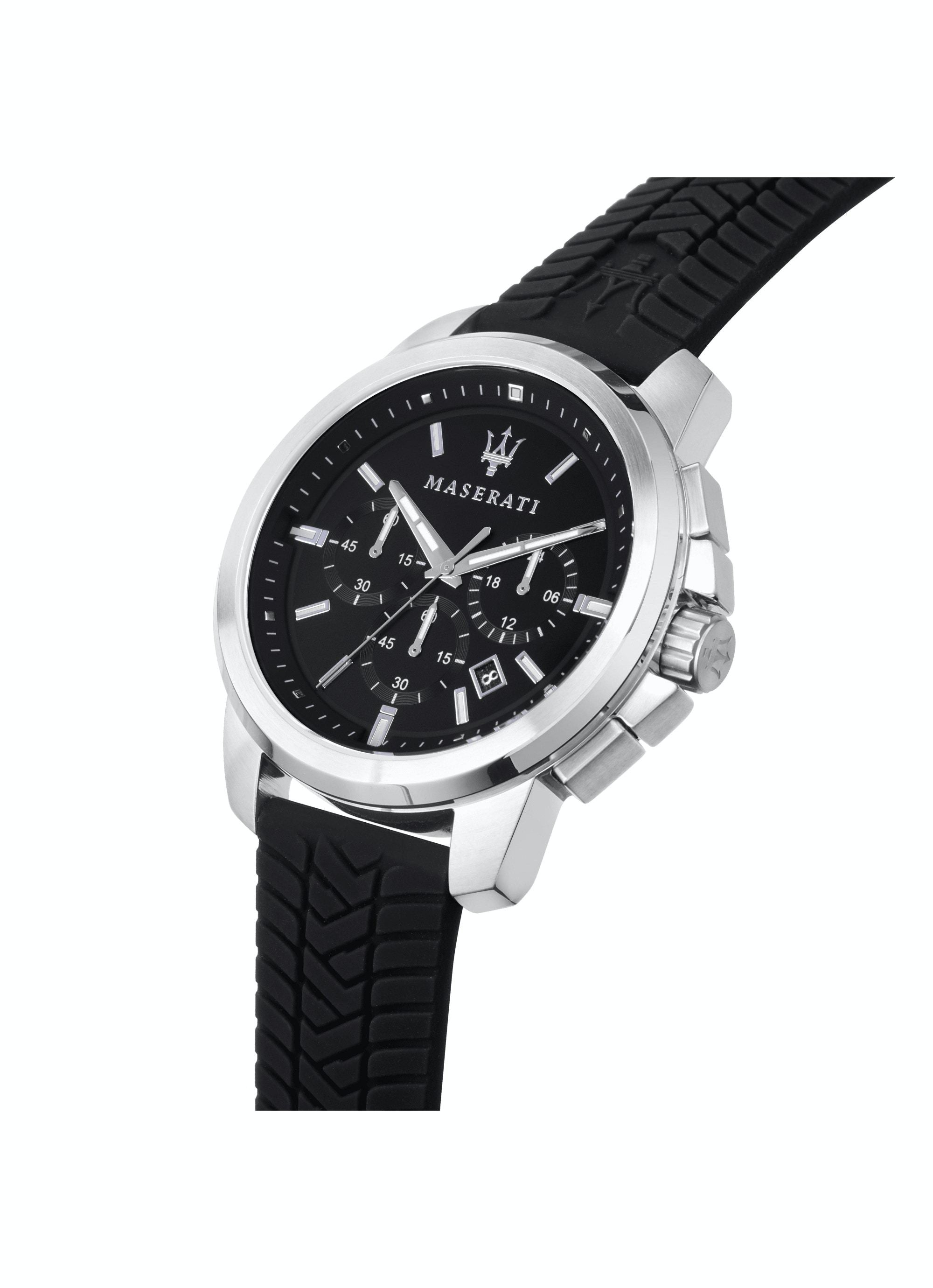 Angled view of Maserati chronograph watch with black silicone strap