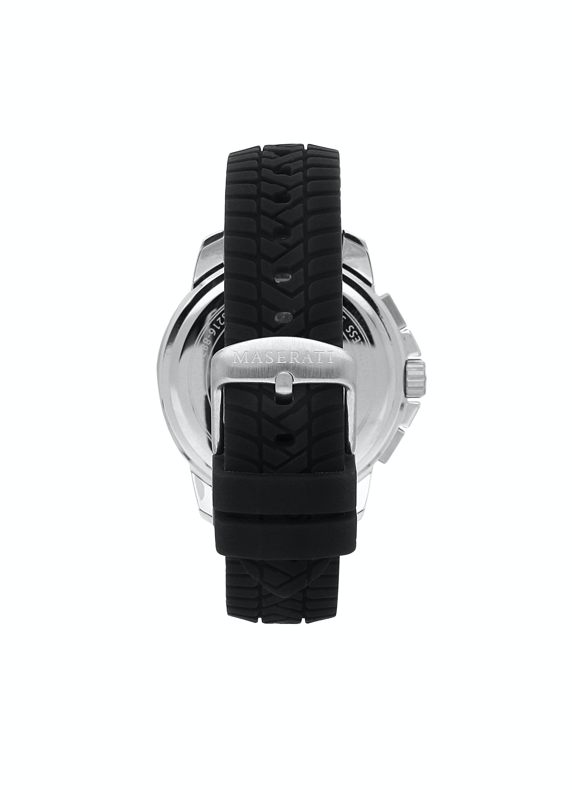 Maserati watch caseback showing movement and strap attachment