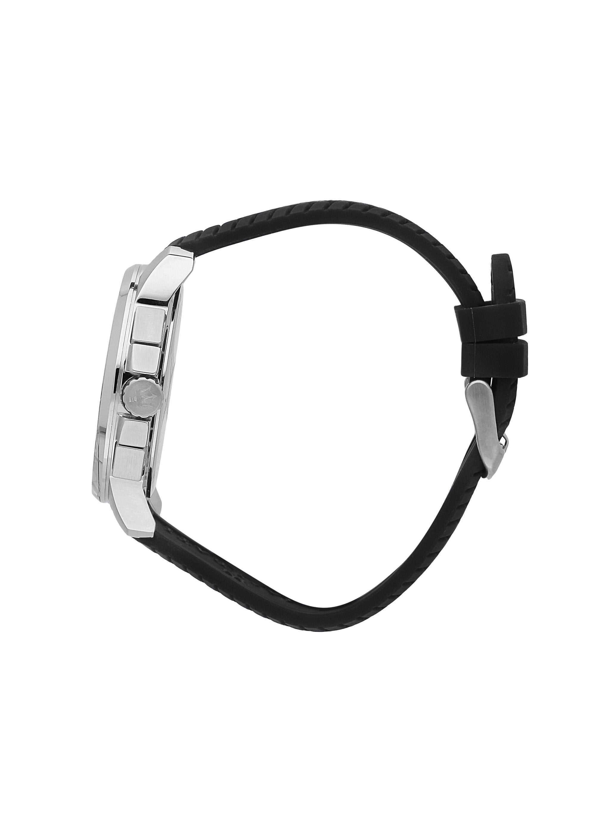 Side view of Maserati watch showing silver case and black silicone strap