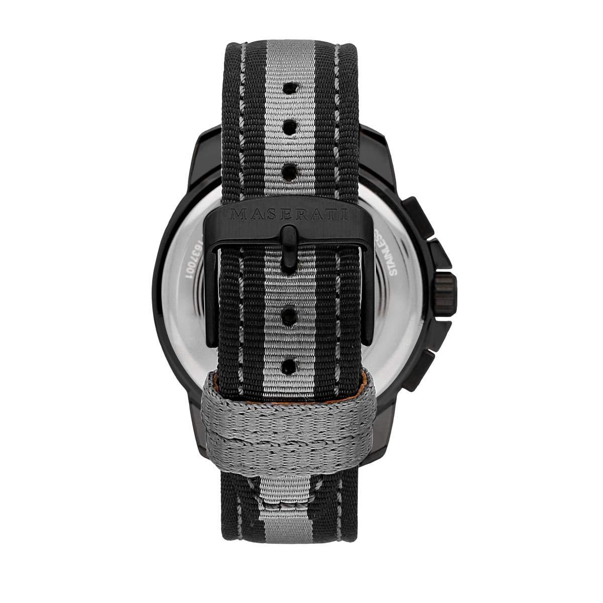 Maserati watch caseback showing transparent display with fabric strap