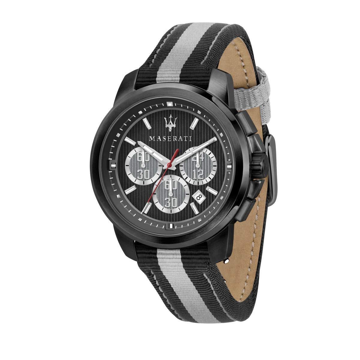 Maserati analog chronograph men's watch with black dial and black-gray striped fabric strap