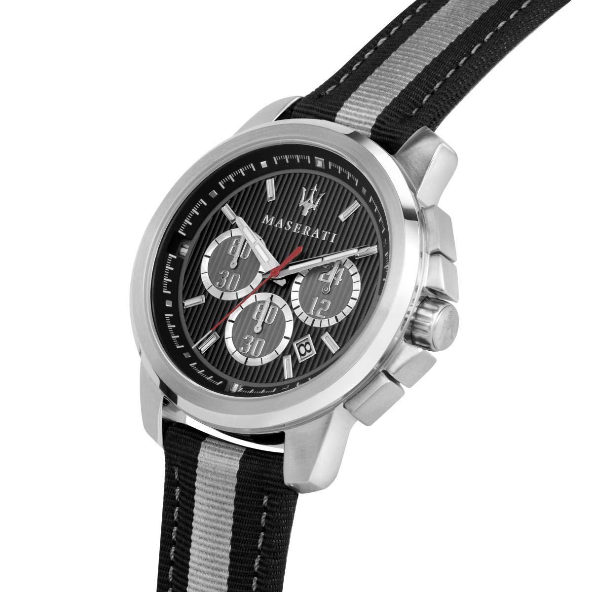 Side angle view of Maserati chronograph watch with black and gray striped strap
