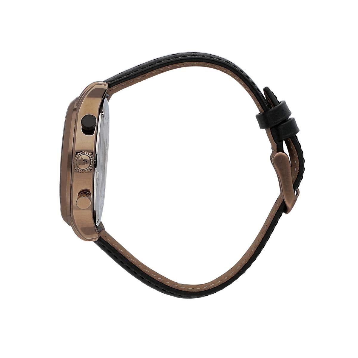 Side view of Maserati watch showing rose gold case and black leather strap
