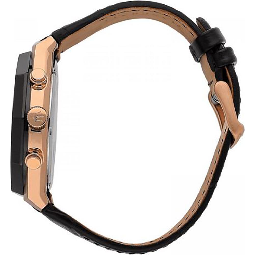 Side view of Maserati watch showing rose gold case and black leather strap with buckle