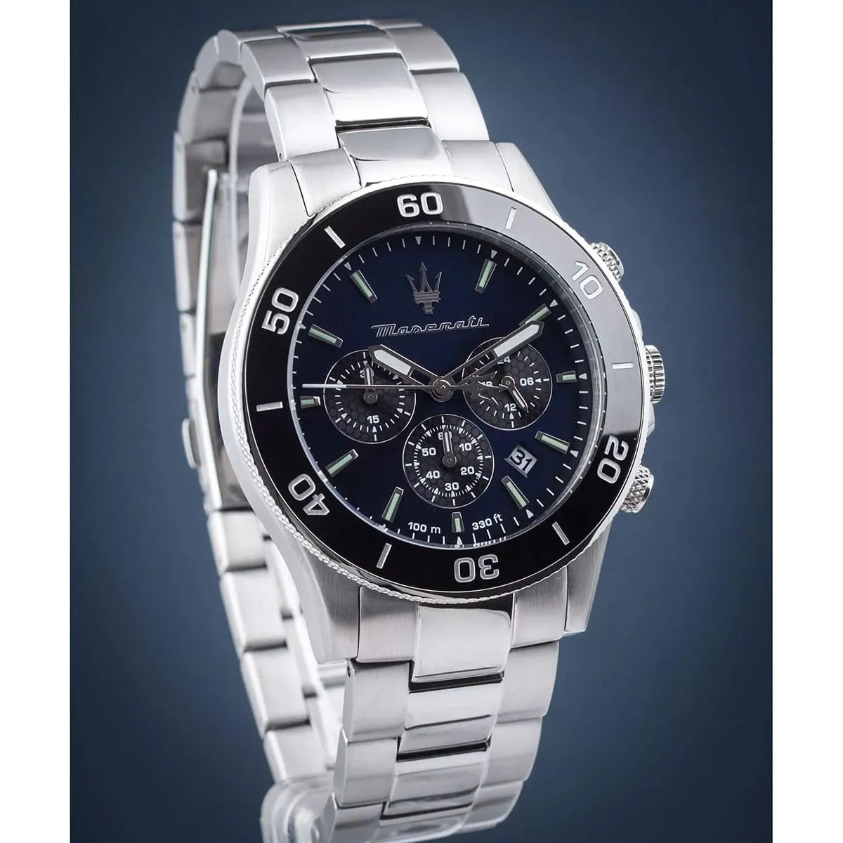 Maserati Competizione men's chronograph watch angled view, stainless steel and black bezel
