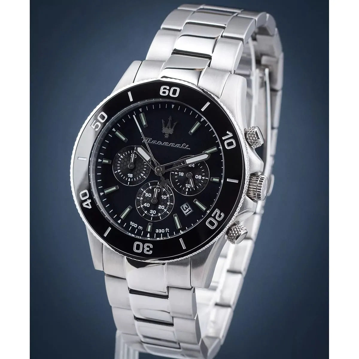 Maserati Competizione chronograph watch with black dial, stainless steel bracelet and case