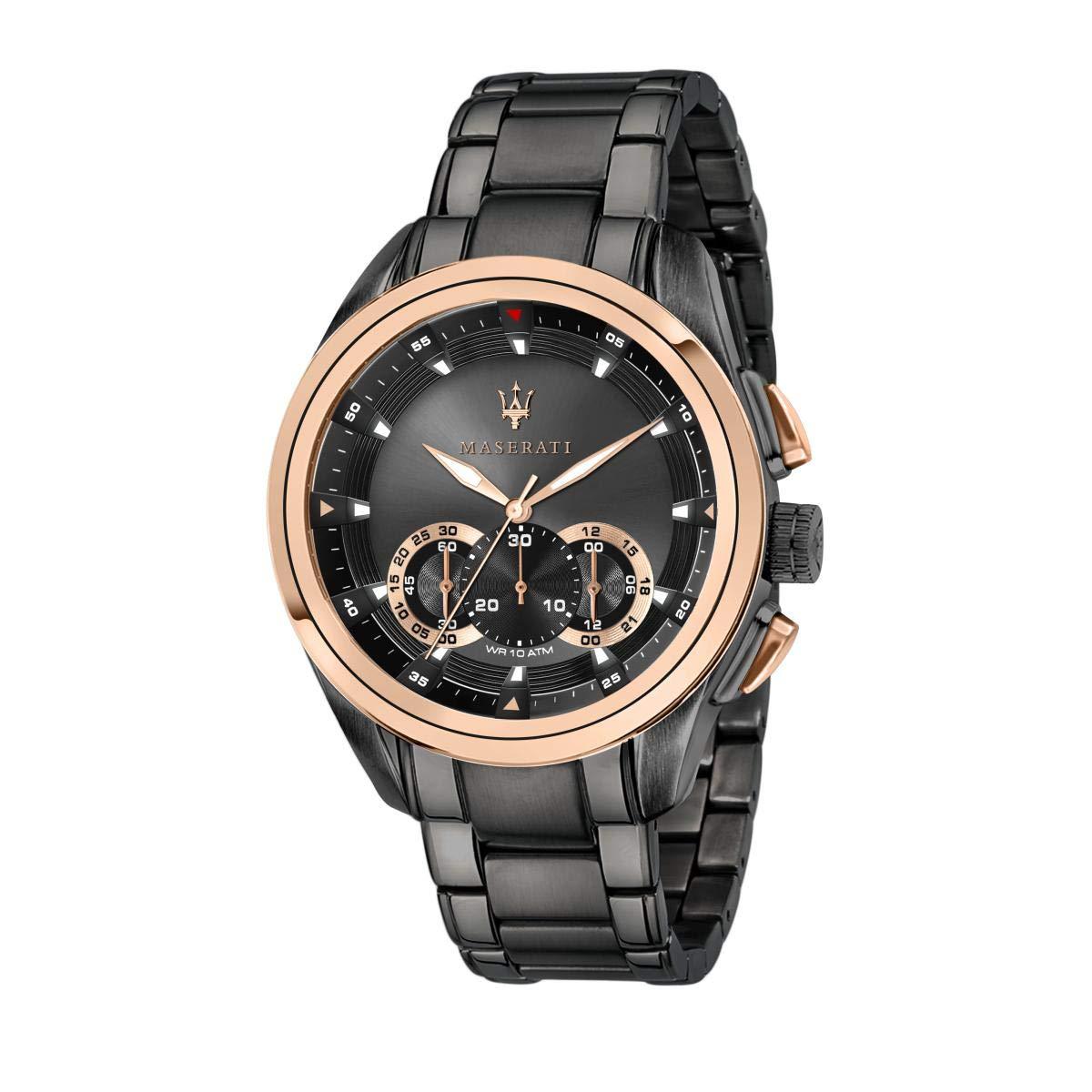 Maserati men's analog watch with black dial, rose gold bezel, and black steel bracelet