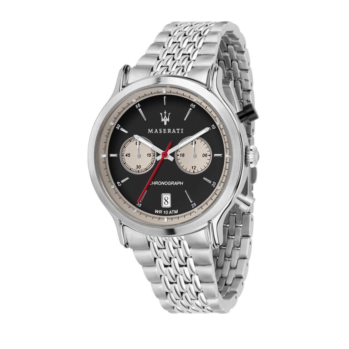 Maserati analog chronograph watch with black dial, silver subdials, stainless steel bracelet