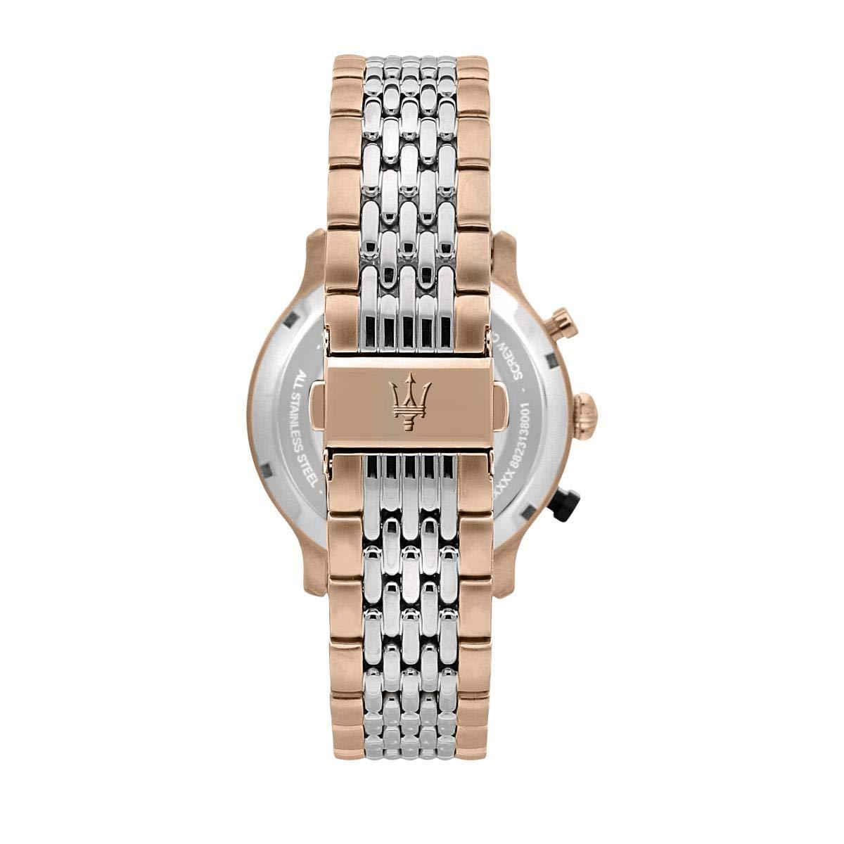 Caseback view of Maserati chronograph watch with rose gold and silver two-tone bracelet