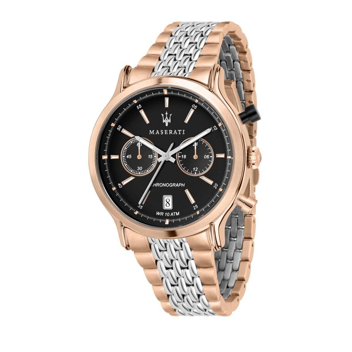 Maserati chronograph watch with black dial, rose gold and silver two-tone bracelet, displayed front view