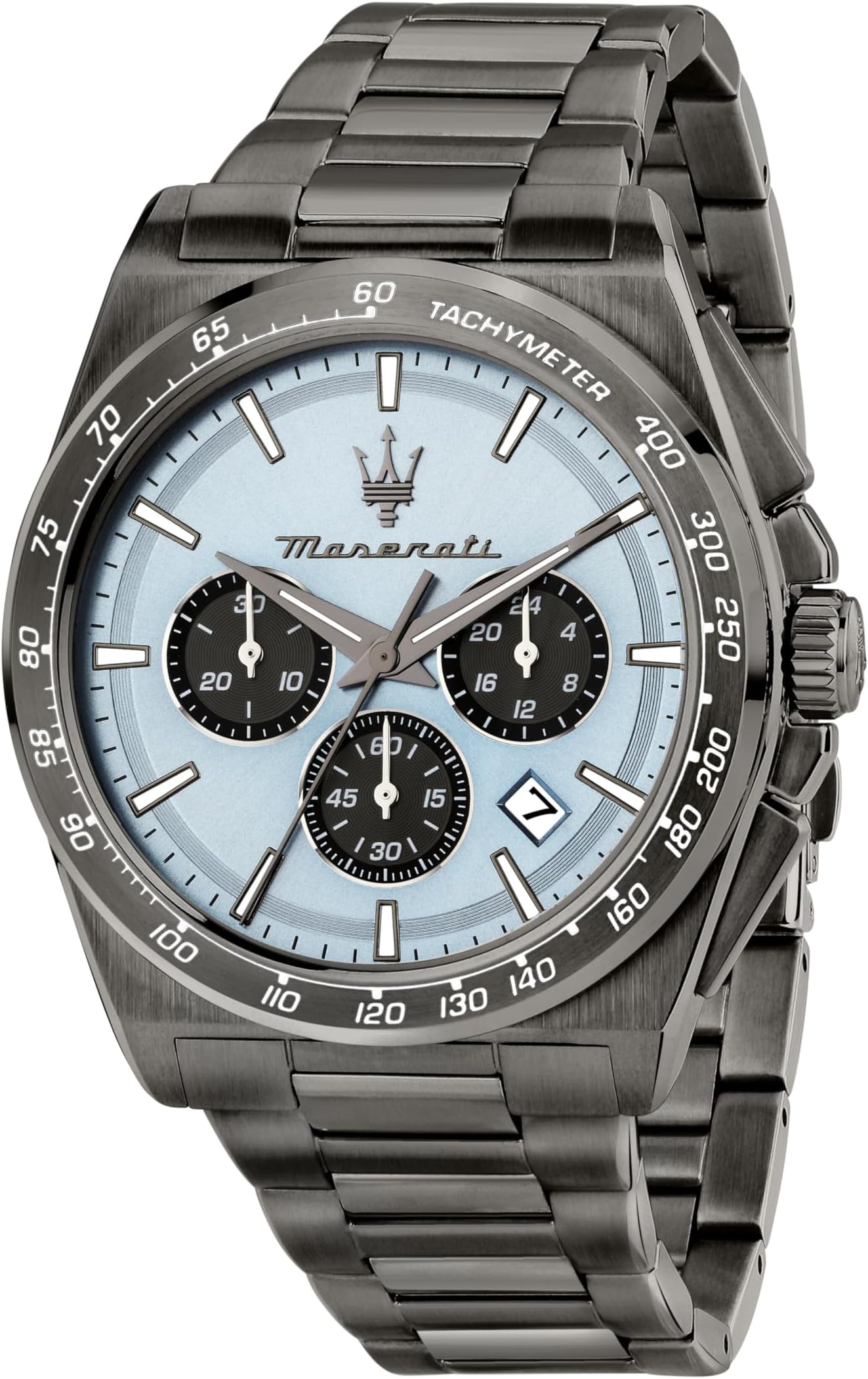 Maserati Velocità chronograph watch with light blue dial and three black subdials