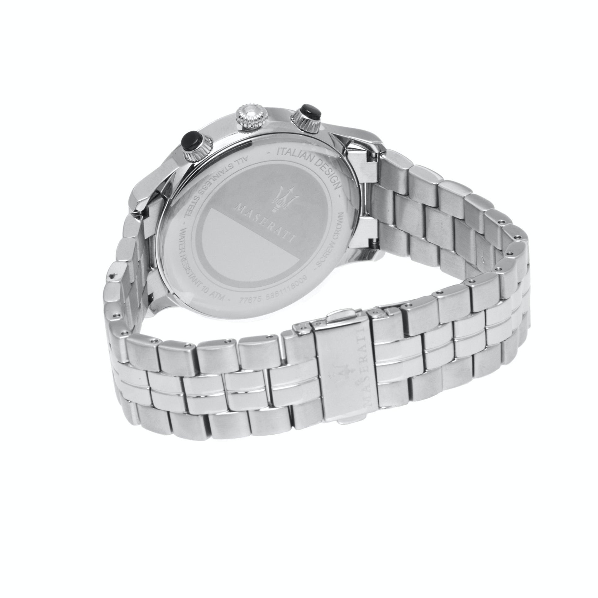 Maserati Ricordo chronograph watch caseback and stainless steel bracelet side view