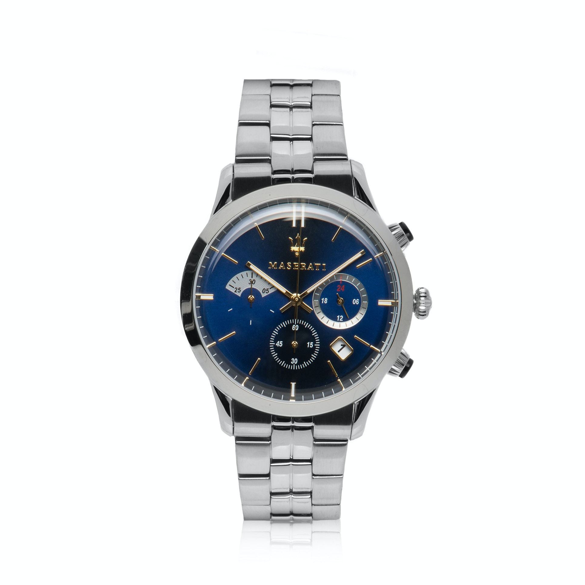 Maserati Ricordo men's chronograph watch with blue dial, chronograph subdials, and stainless steel band