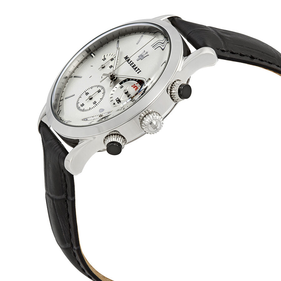 Side angle view of Maserati Ricordo watch showing silver case and black leather strap