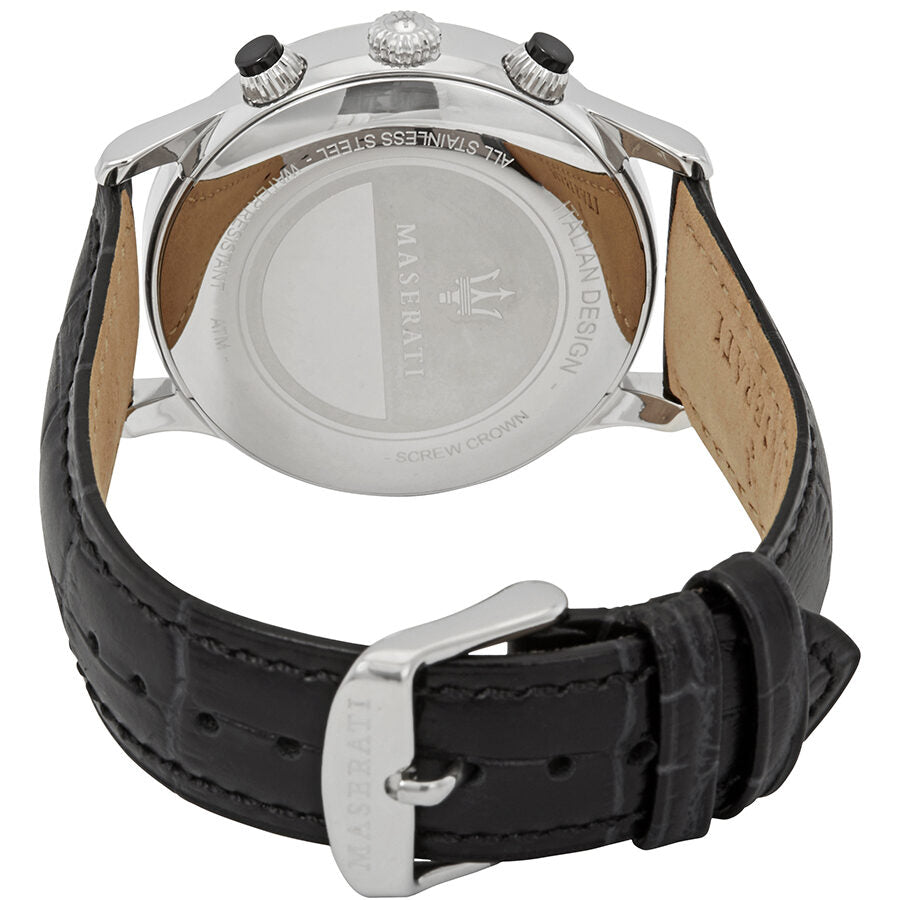 Caseback view of Maserati Ricordo watch with black crocodile-textured leather strap