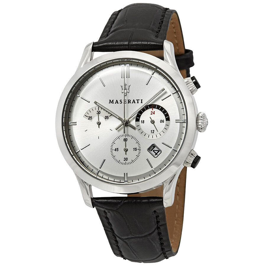Maserati Ricordo chronograph watch with silver dial and black leather strap