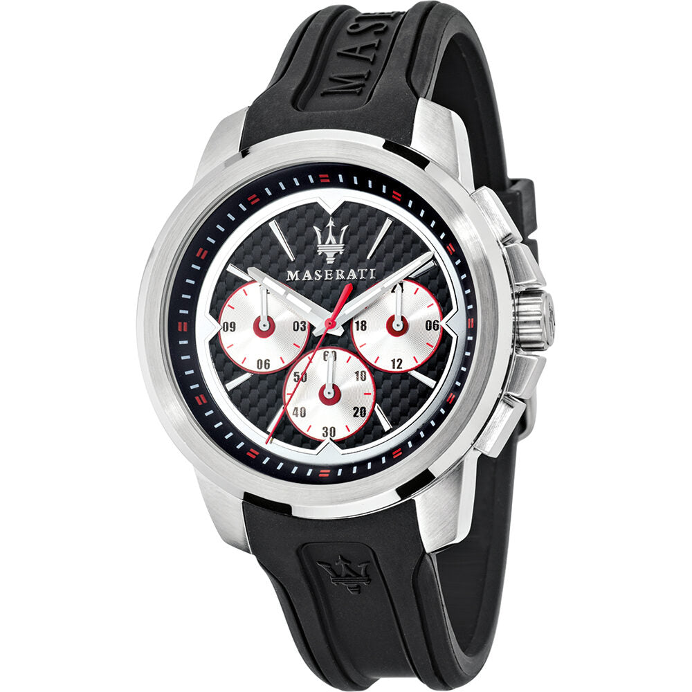 Maserati Sfida Chronograph watch with black and silver dial, silver case, and black rubber strap