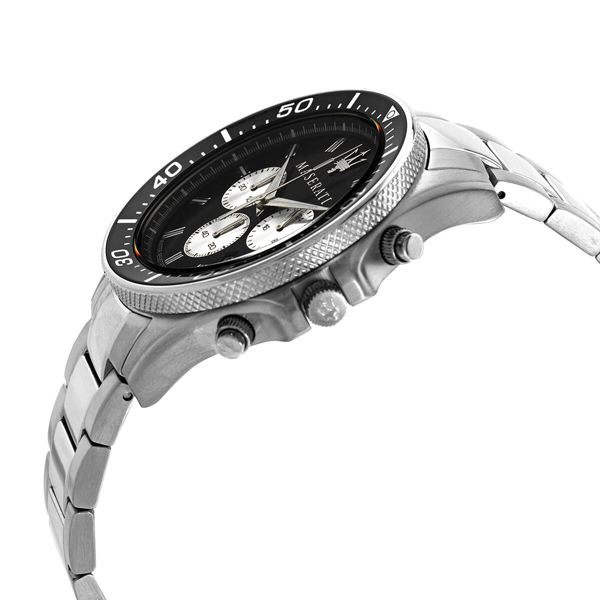 Angled side view of Maserati Sfida chronograph watch showing profile and stainless steel bracelet