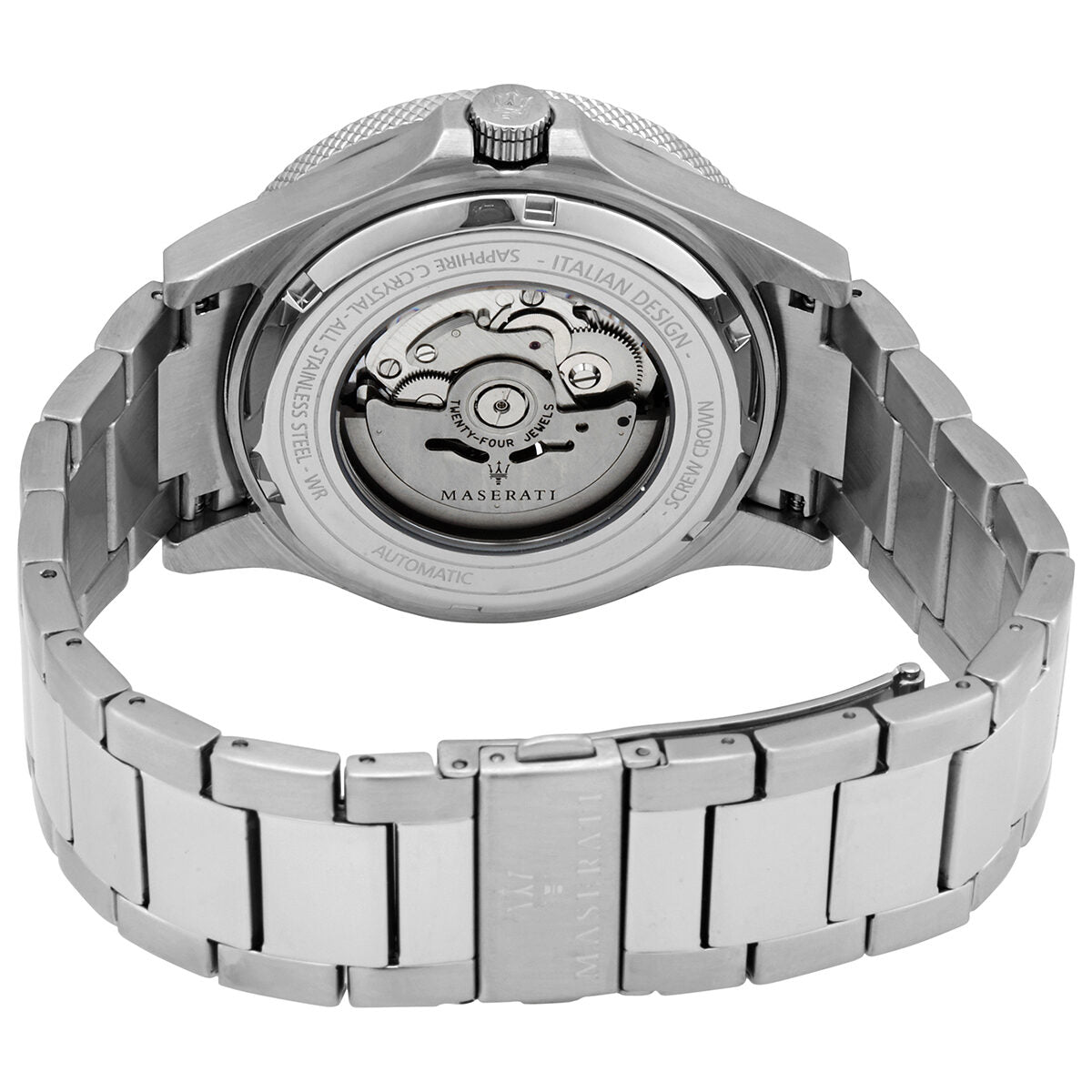Maserati Sfida caseback showing automatic movement and stainless steel bracelet