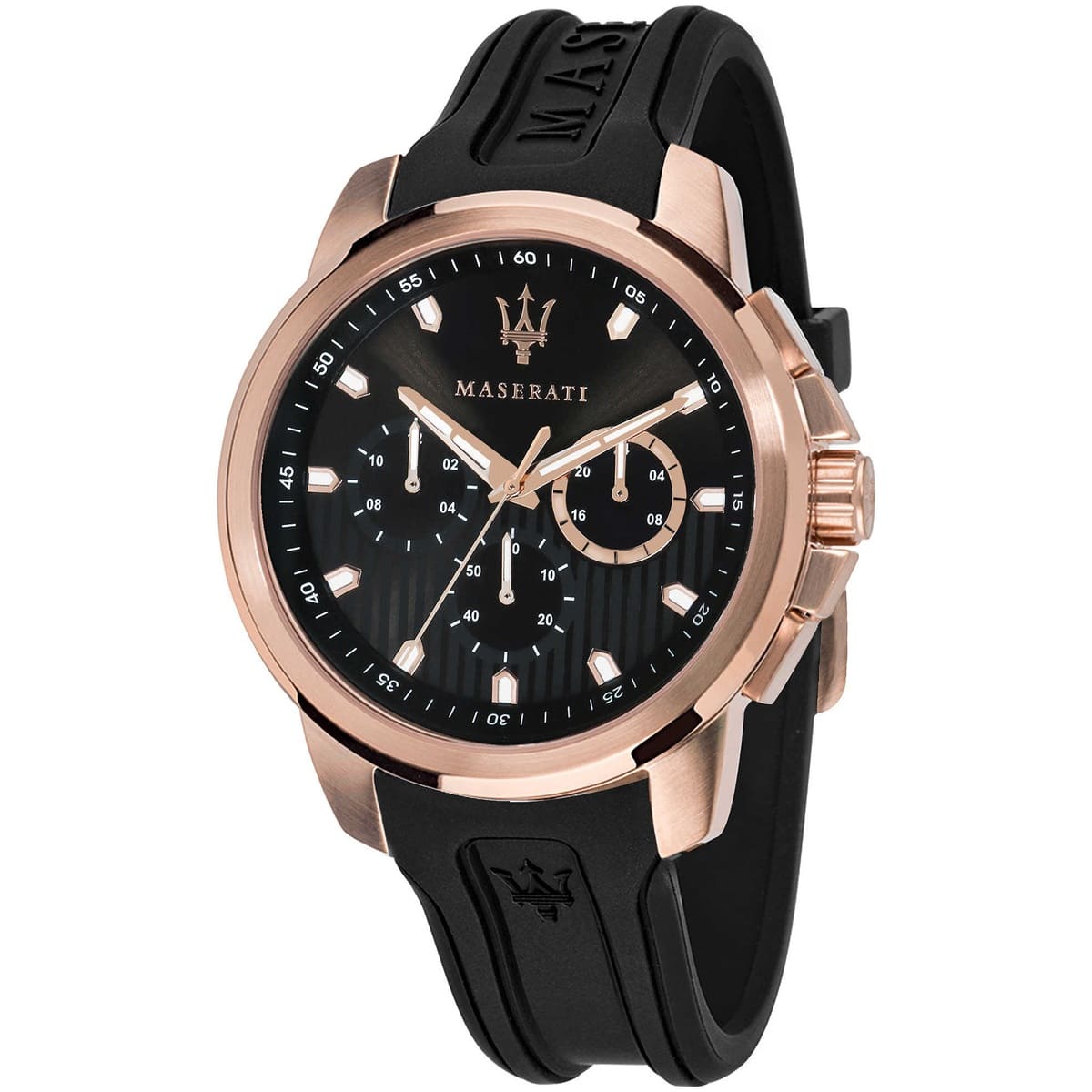 Maserati SFIDA chronograph watch with black dial, rose gold case, and black rubber strap