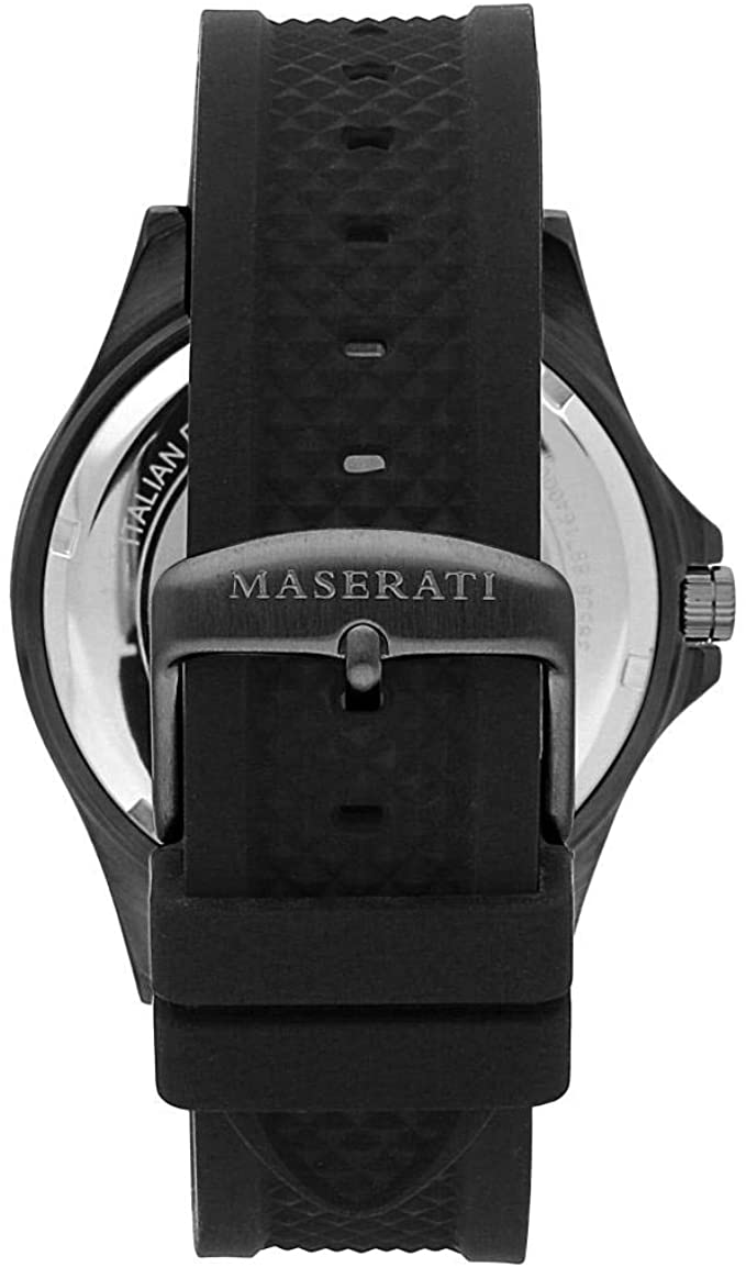 Back of Maserati Sfida watch displaying black case back and strap attachment
