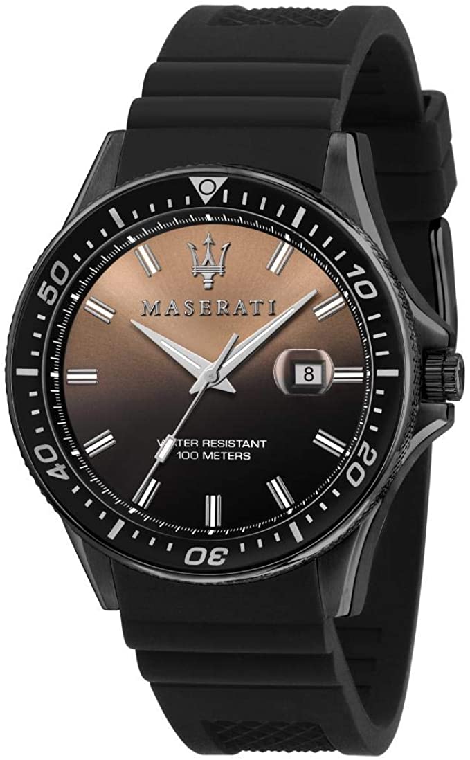 Maserati Sfida black dial watch with gradient hour markers, date window and black silicone strap
