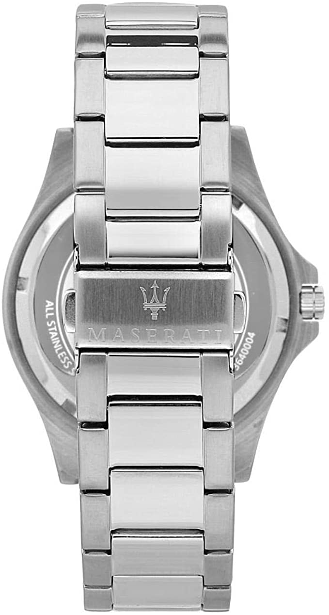 Caseback view of Maserati Sfida watch displaying stainless-steel bracelet and engraved case back
