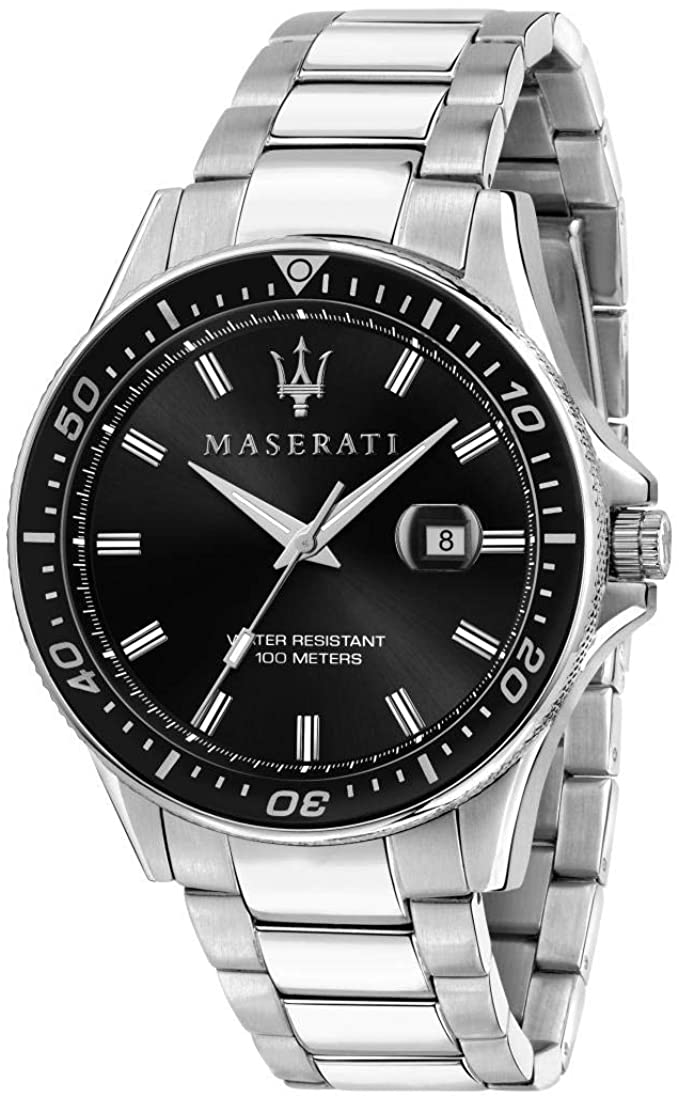 Maserati Sfida silver stainless-steel quartz men's watch with black dial and Roman numerals