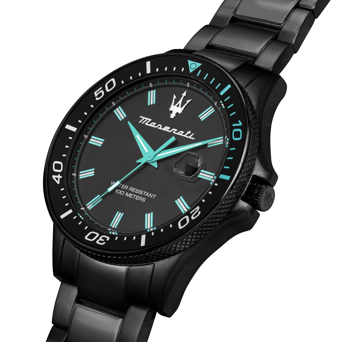 Angled view of Maserati Sfida men's watch with black case and bracelet