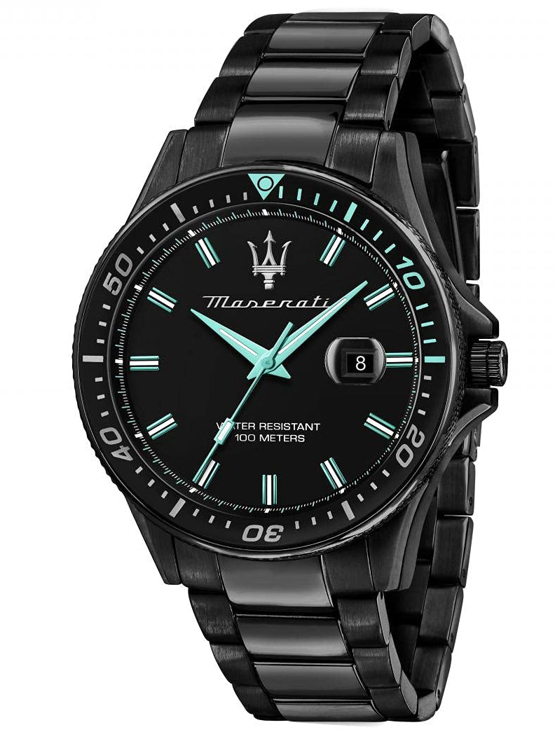 Maserati Sfida black dial men's watch with luminous hands and stainless steel bracelet