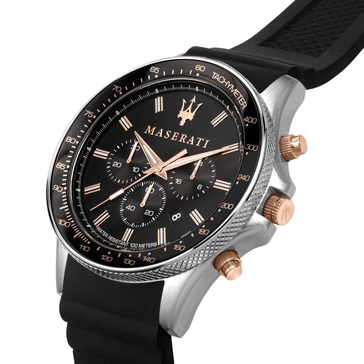 Angled view of Maserati Sfida chronograph showing black dial with tachymeter scale and rose gold accents