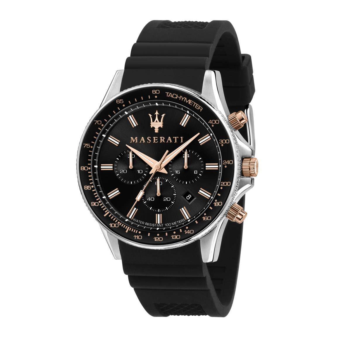 Maserati Sfida chronograph watch with black dial, rose gold hands, and black rubber strap