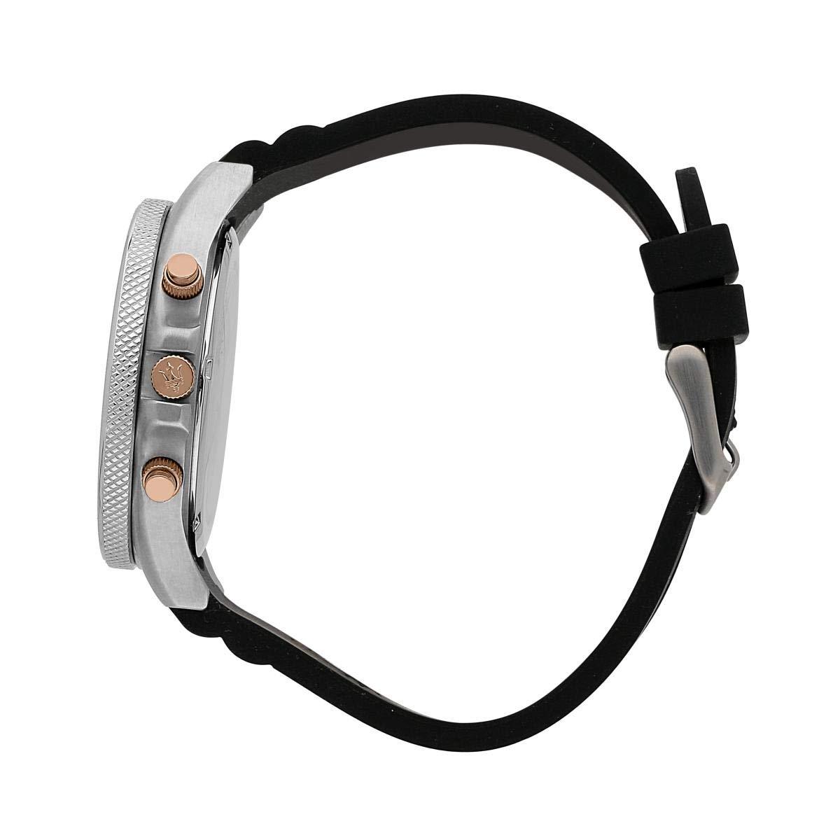 Side view of Maserati Sfida watch showing silver case, rose gold pushers, and black strap