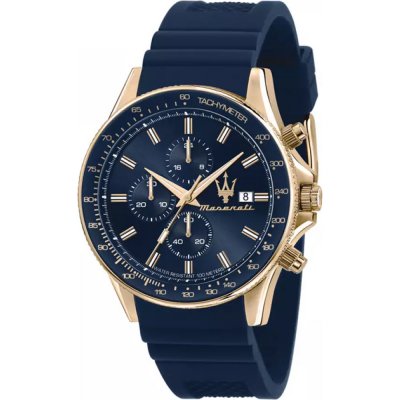 Maserati Sfida chronograph watch with black dial, gold tone case, and navy rubber strap