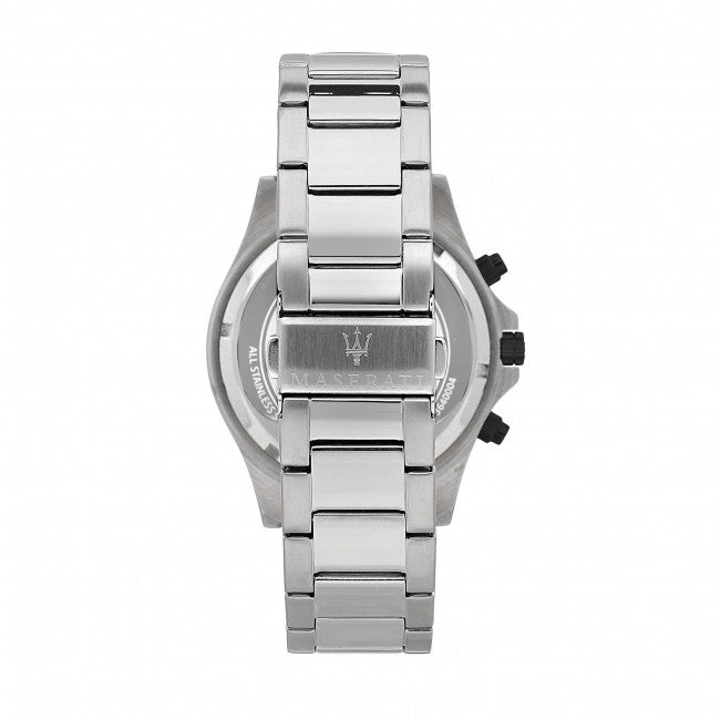 Side view of Maserati Sfida chronograph watch with stainless steel bracelet and black pushers