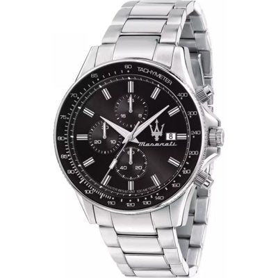 Maserati Sfida chronograph watch with black dial, silver stainless steel case and bracelet